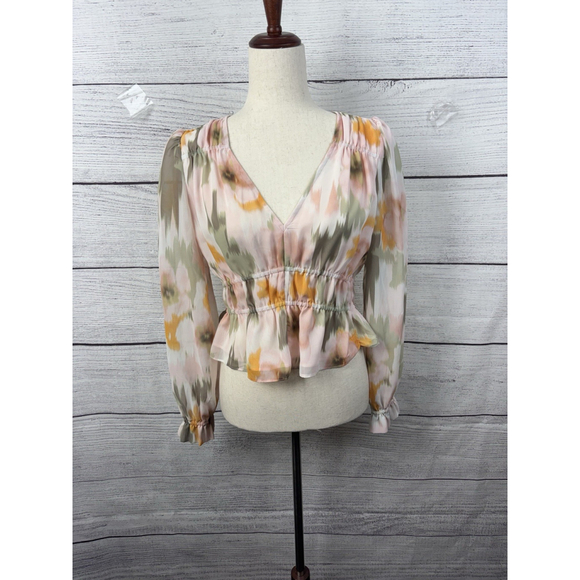 Steve Madden Ardenne Floral Peplum Blouse Long Sleeve V-Neck Cinched Waist S - Picture 7 of 8